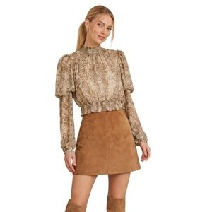 WAYF Snake Print Blouse Size S Long Sleeve Cropped Smocked Mobwife Eclectic Boho